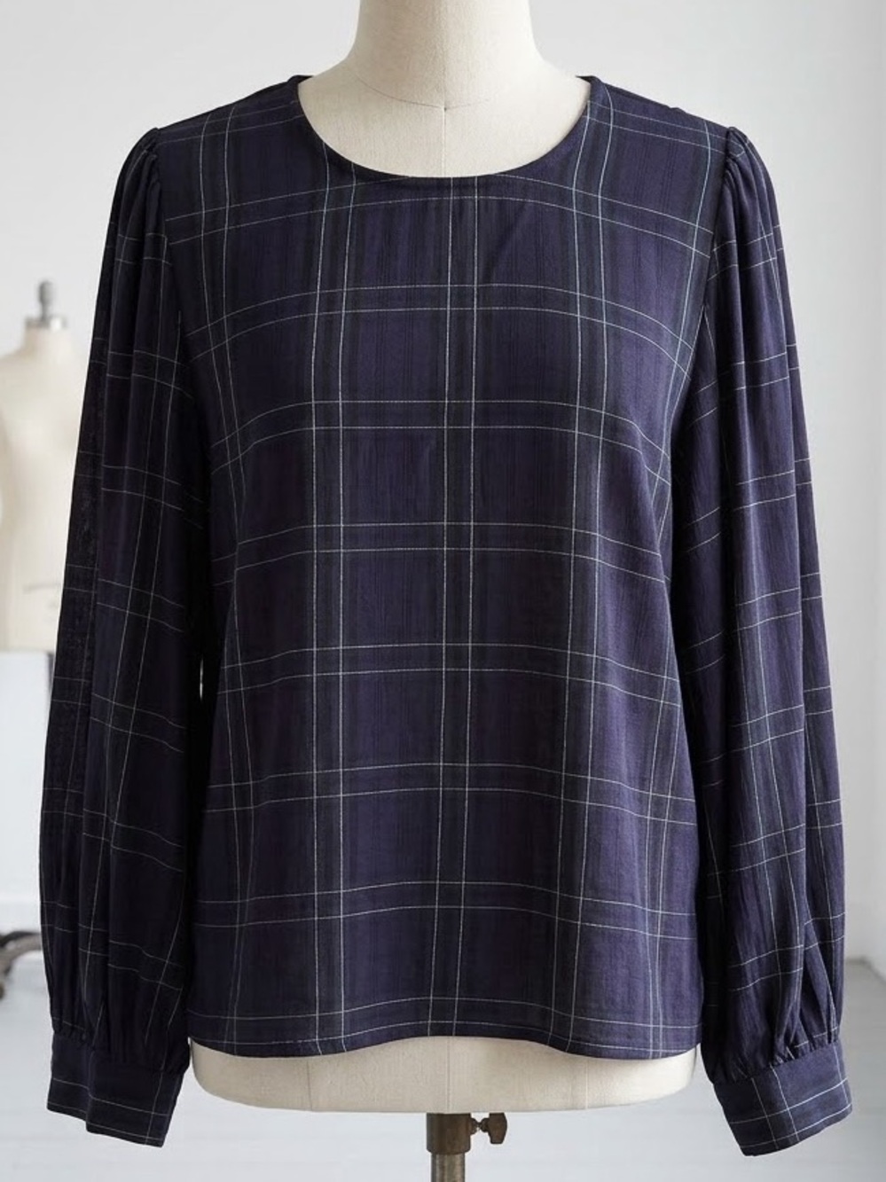 Zara| Navy & Green Windowpane Check Plaid Long-Sleeve Blouse/Top Sz M